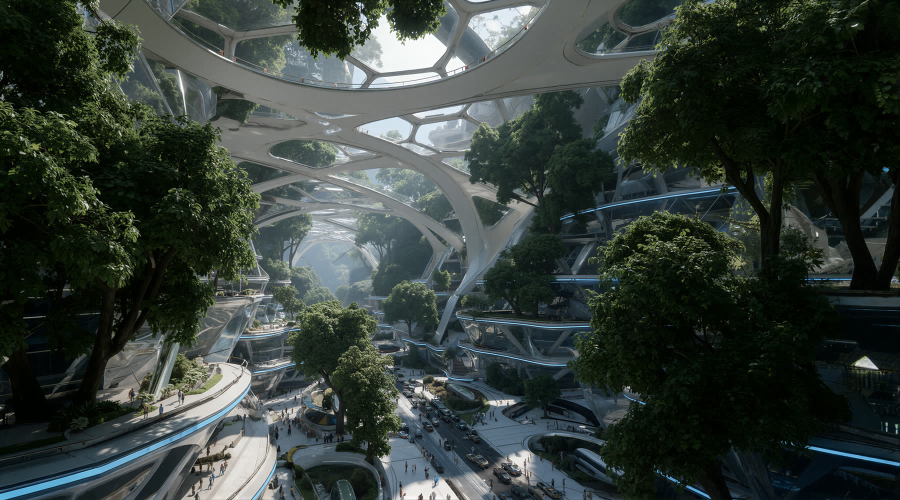 Organische Architektur in gr?ner Landschaft mit futuristischen Wegen