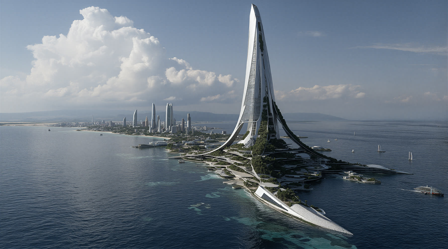 Futuristische K?stenstadt mit skulpturalem Turm am Meer