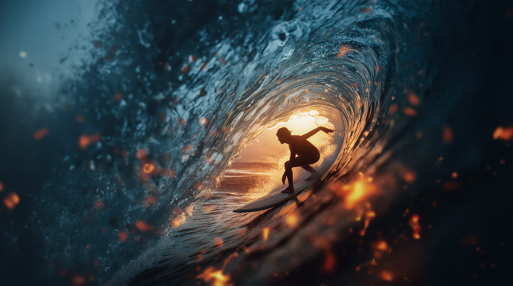 Surfer in einer leuchtenden, wirbelnden Welle mit Funkenlicht
