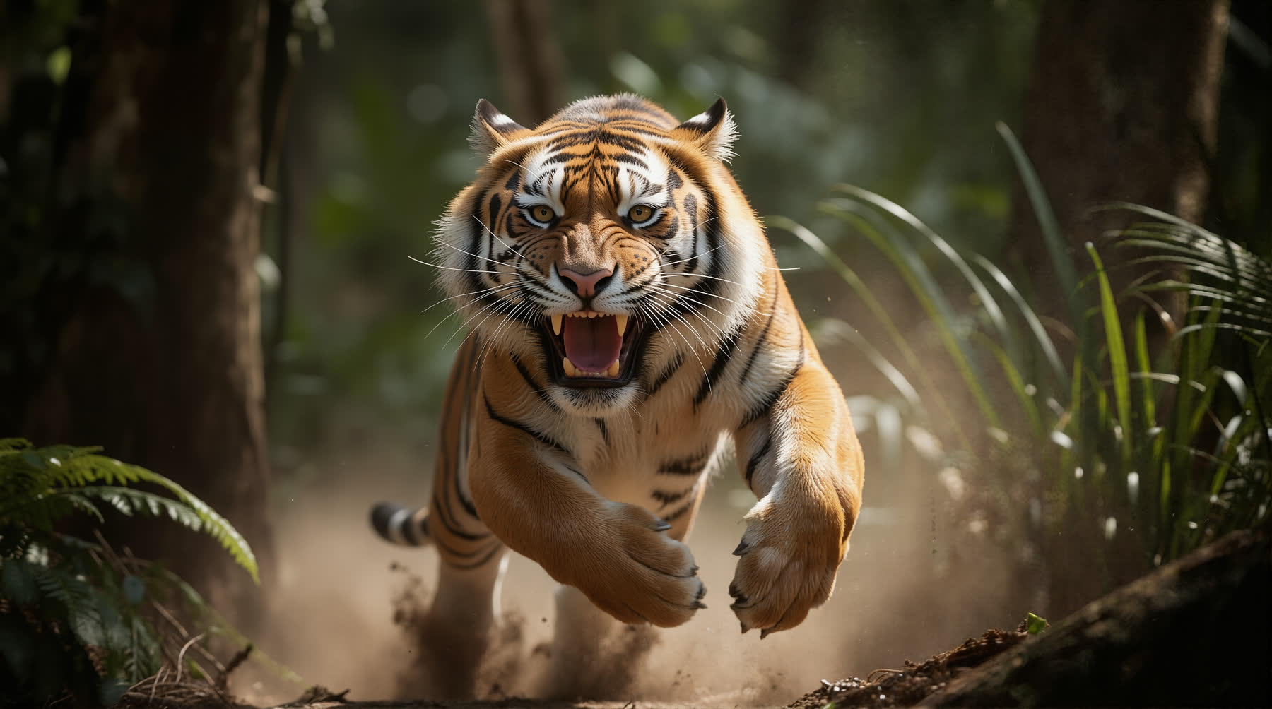 Tiger springt dynamisch durch dichten Dschungel