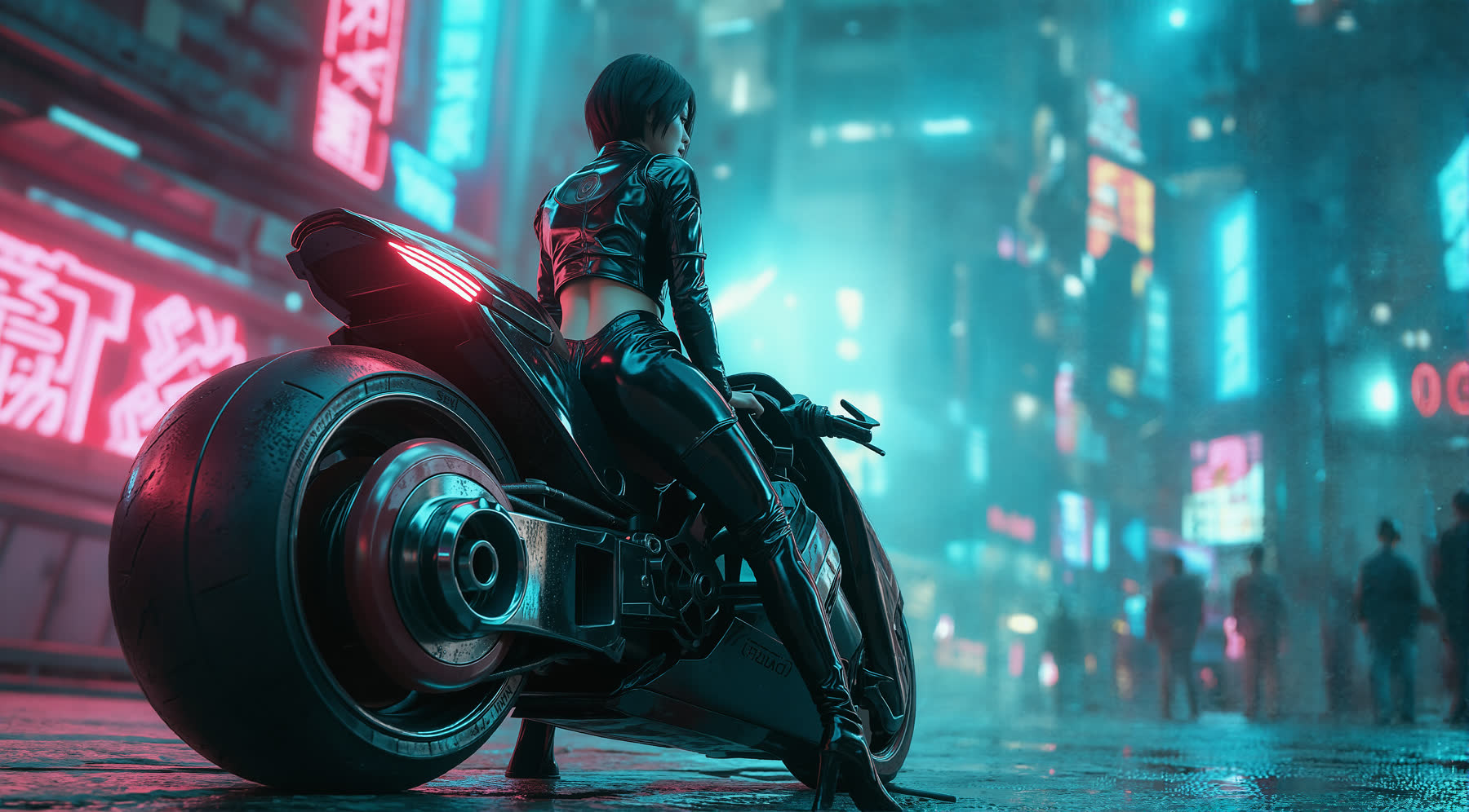 Futuristische Fahrerin auf einem Motorrad in neonbeleuchteter Stadt