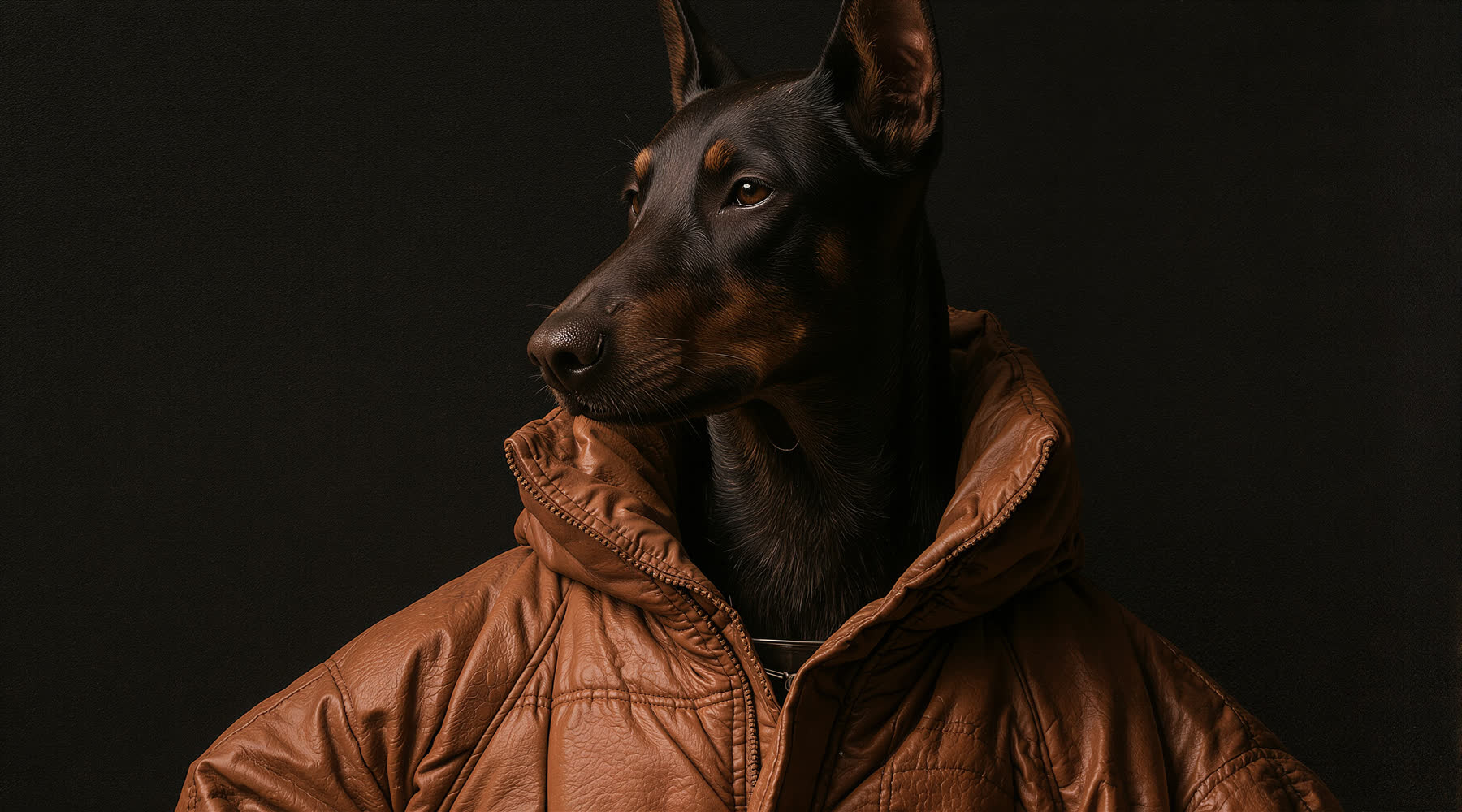Hundeportr?t mit brauner Jacke vor dunklem Hintergrund