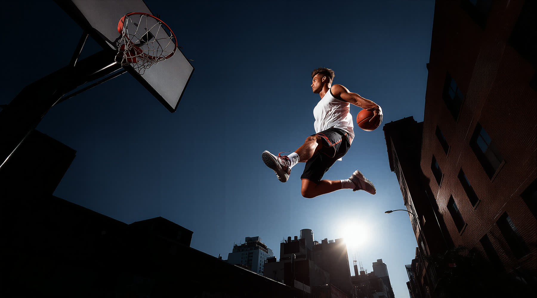 Basketballspieler springt in einer urbanen Szene zum Korb