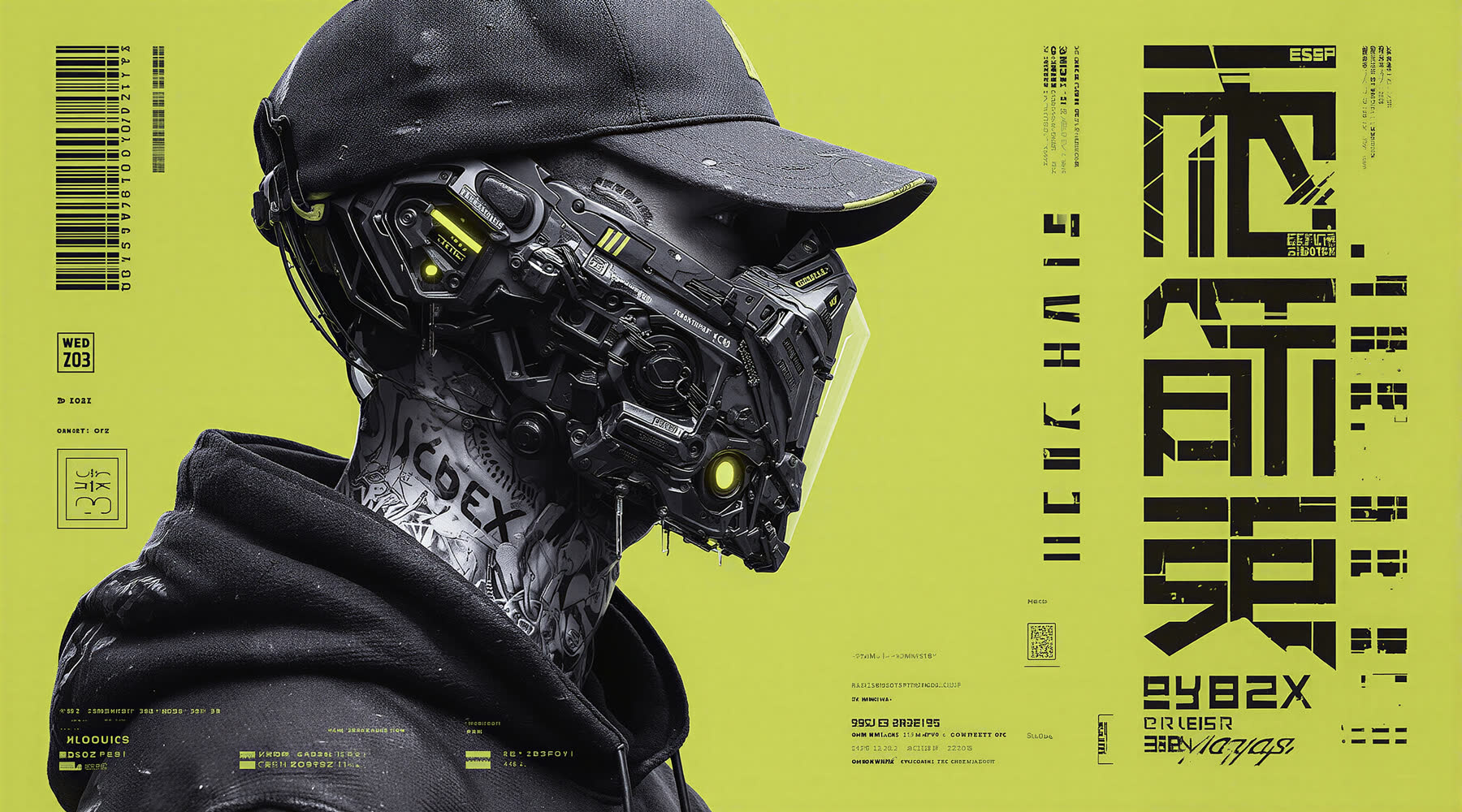 Cyberpunk-Maske mit neongelbem Grafiklayout