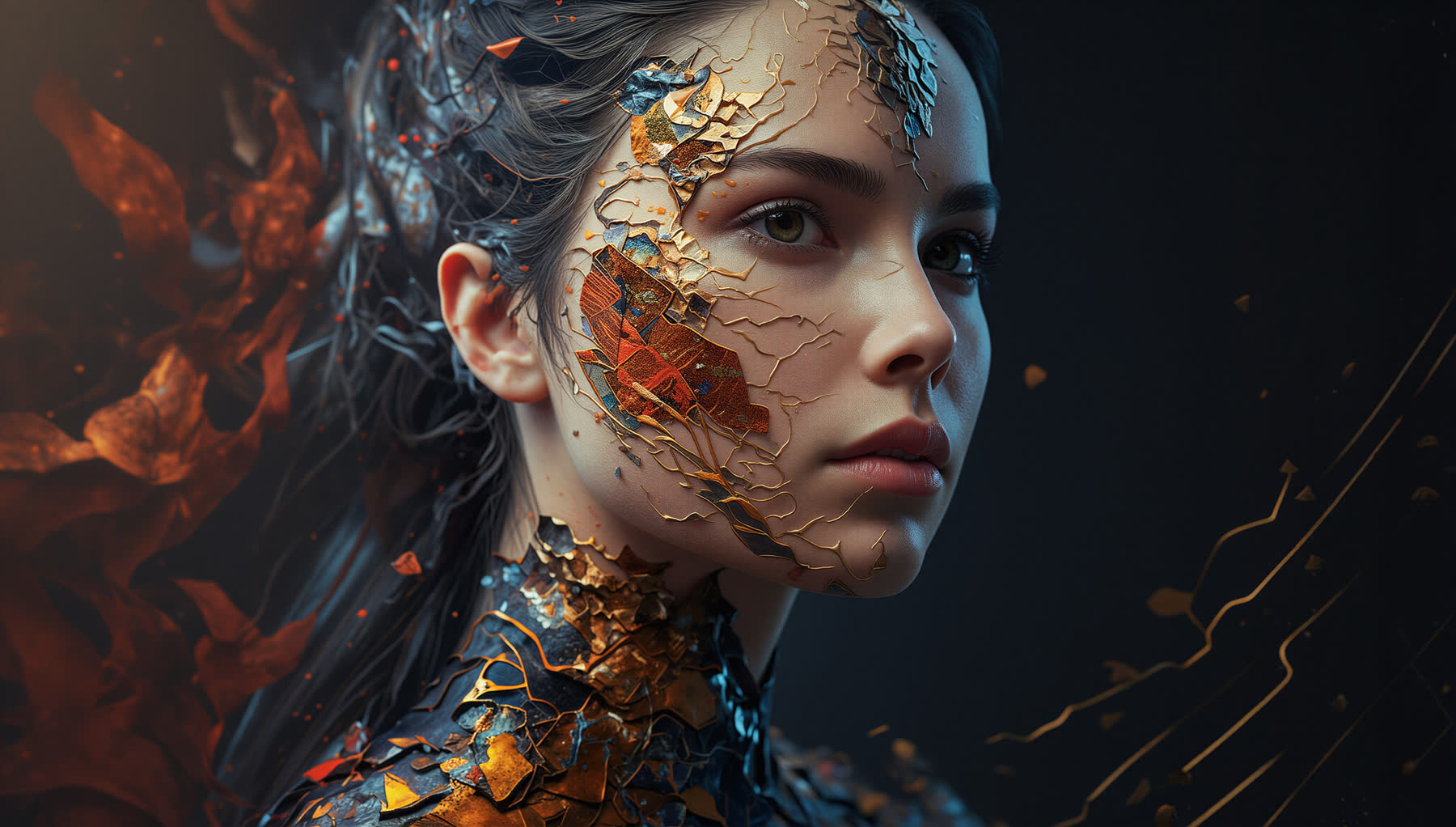 Portr?t mit Kintsugi-artigen Goldstrukturen und dunklem Hintergrund